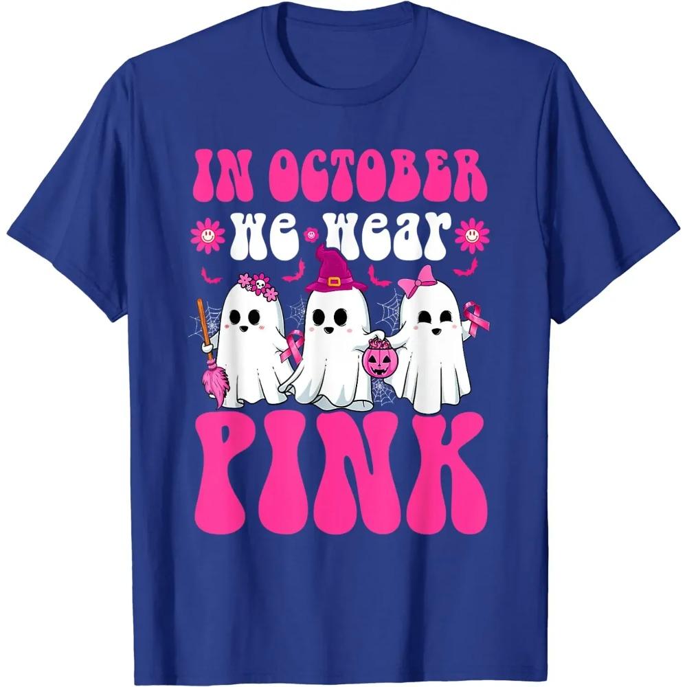 Ghost Wear Pink Breast Cancer Warrior Funny Ghost Halloween T-Shirt for Women Casual  Daily Four Seasons Tees Graphic