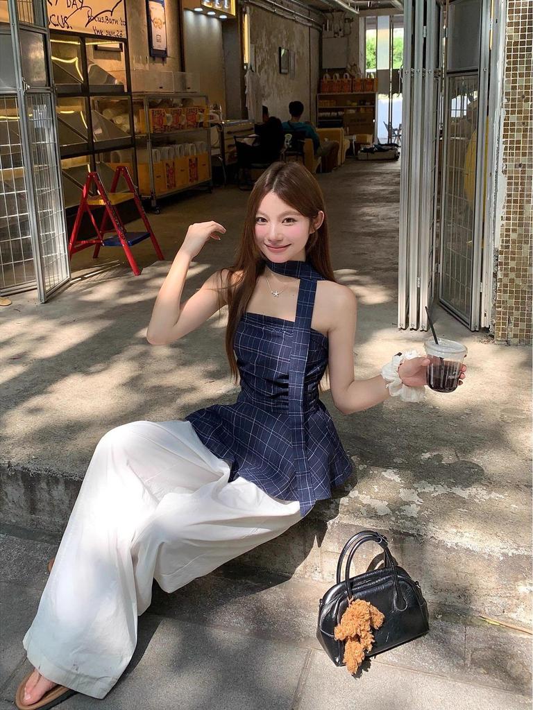 Retro Contrast Plaid Strapless Vest Top – Women's High-End Irregular Waist-Cinched Sleeveless Summer Outerwear.