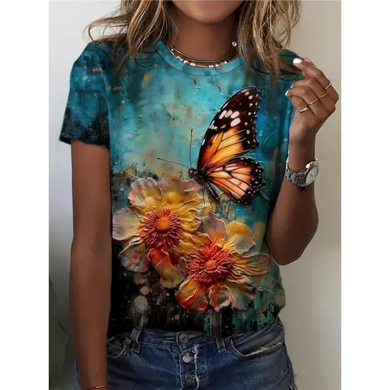 

Летний топ с круглым вырезом, 3D-принтом цветов и бабочек, модная повседневная женская футболка с короткими рукавами 6XL