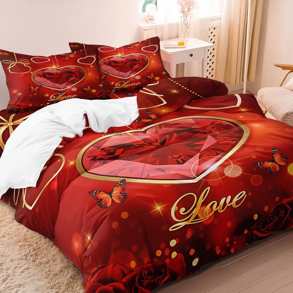 3 Pieces Valentine'S Day Gifts Bedding Set Romantic Rose Flower Heart-Shaped Dolphin Duvet Cover Set Queen King Size Lover Gifts