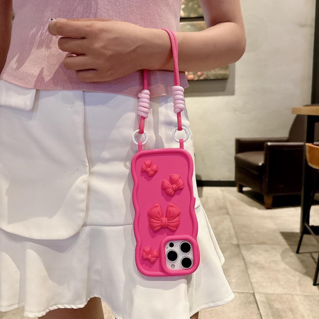 For IPhone 16 Phone Case All Inclusive Bow Tie 15 Promax for Apple 14 One-piece Lanyard Hole Large Wave Case