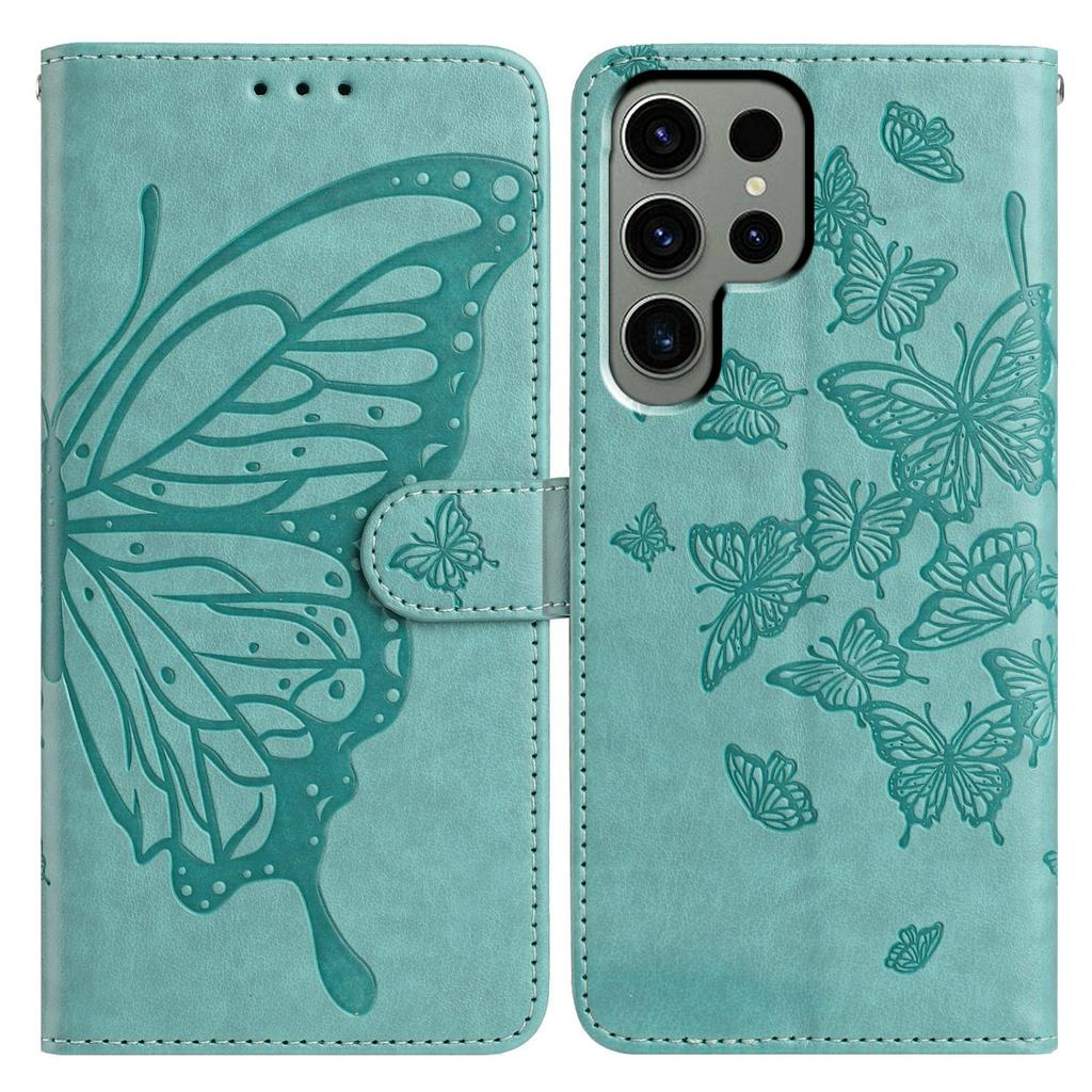 For Samsung Galaxy S24 Ultra Case Butterfly Imprinted Wallet Stand PU Leather Flip Phone Cover with Strap