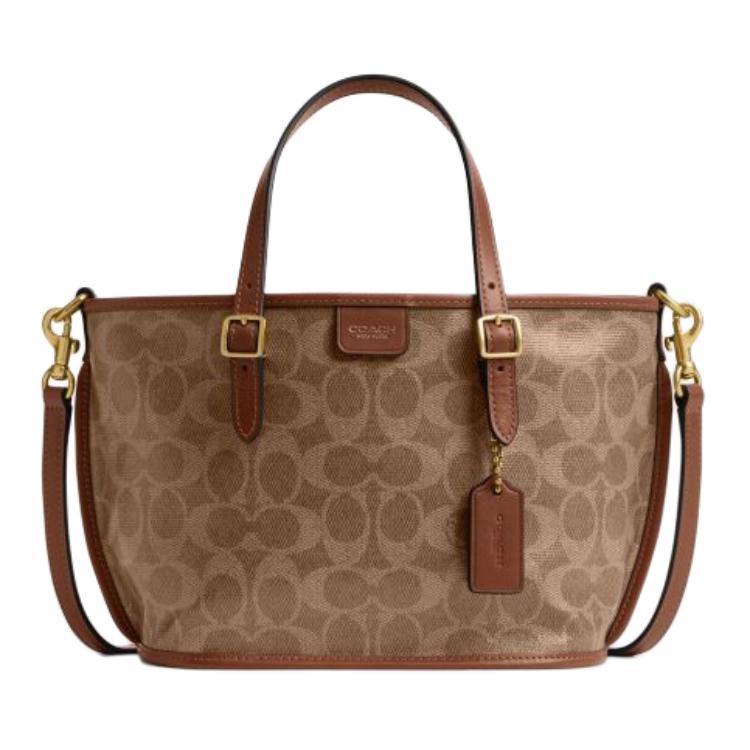 Coach Tan Signature Canvas Mini Tote Bag with Leather Trim & Gold Hardware for Daily Use Basic Set (Bag+Dust Bag)