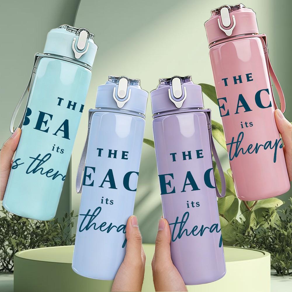 1PC The Beach Is My Therapy Letter Print 750ml Color Plastic Sports Water Bottle Leakproof Flip Straw Lid Suitable for Sports Office Home Use