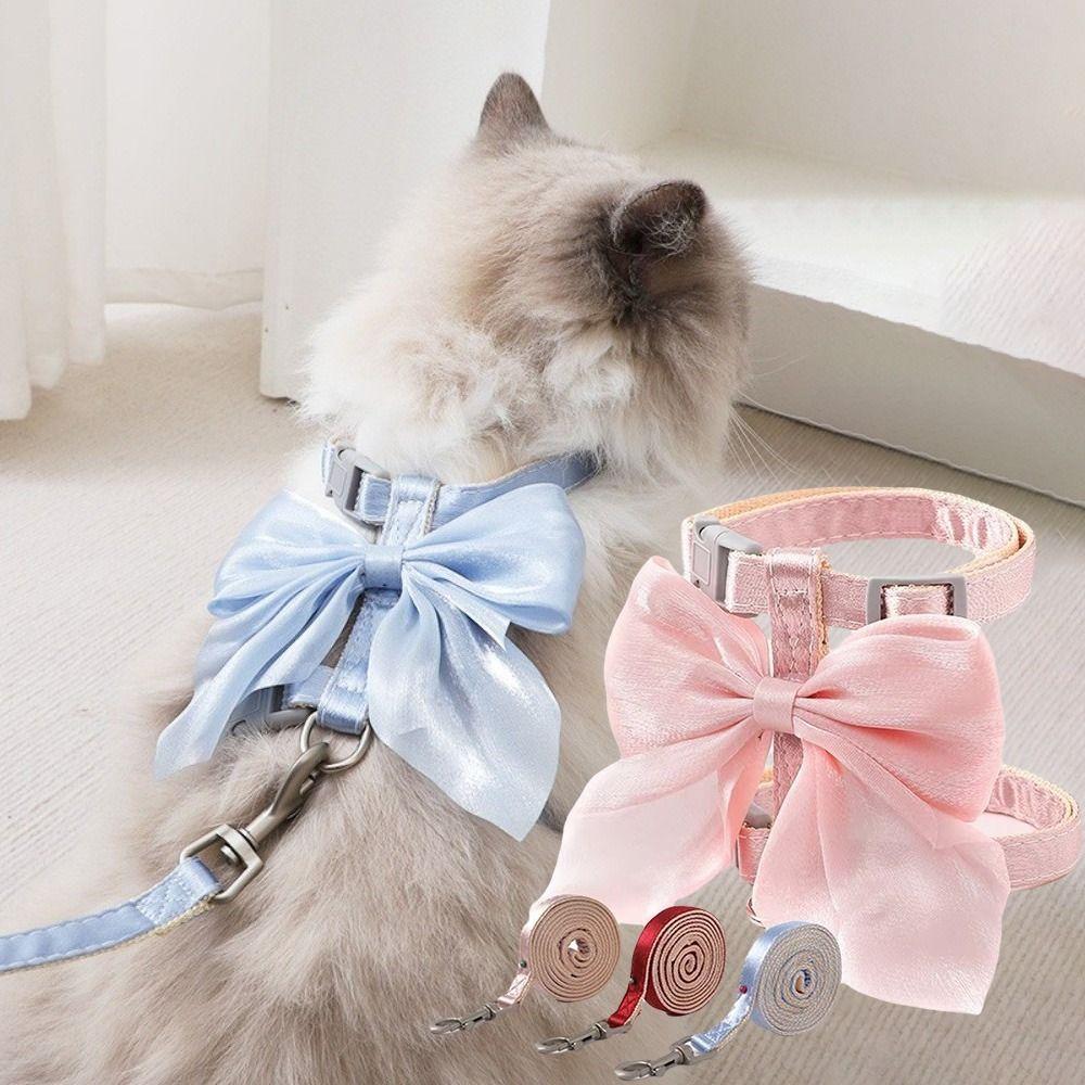 Cute Adjustable Bowknot Cat Harness Leash Escape Proof Shiny Bowknot Cat Leash Traction Rope Pet Decoration