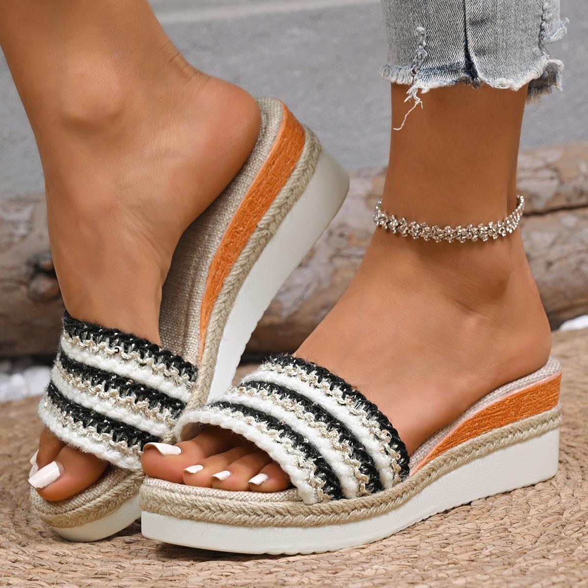 

Fashion Summer New Style Wedge Heel Slippers Thick-soled Women s Shoes Made of Linen Large-sized One-shoulder Casual Wedge Heel Slippers 36 чёрный