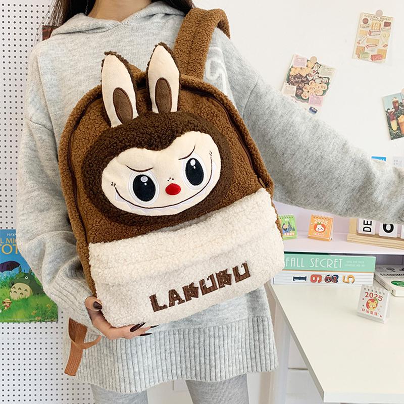 LABUBU Kreslená taška na kampus Plyšová taška Roztomilý batoh z jehněčí vlny Velkokapacitní Lehký Batoh odolný proti opotřebení