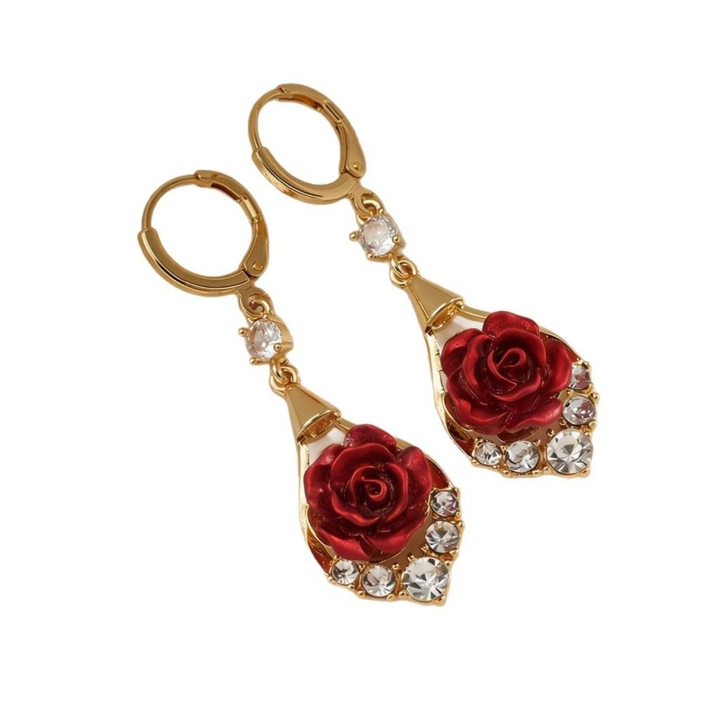 Retro-style Red Rose Earrings Fashionable Rose Teardrop Earrings New Rose Rhinestone Earrings