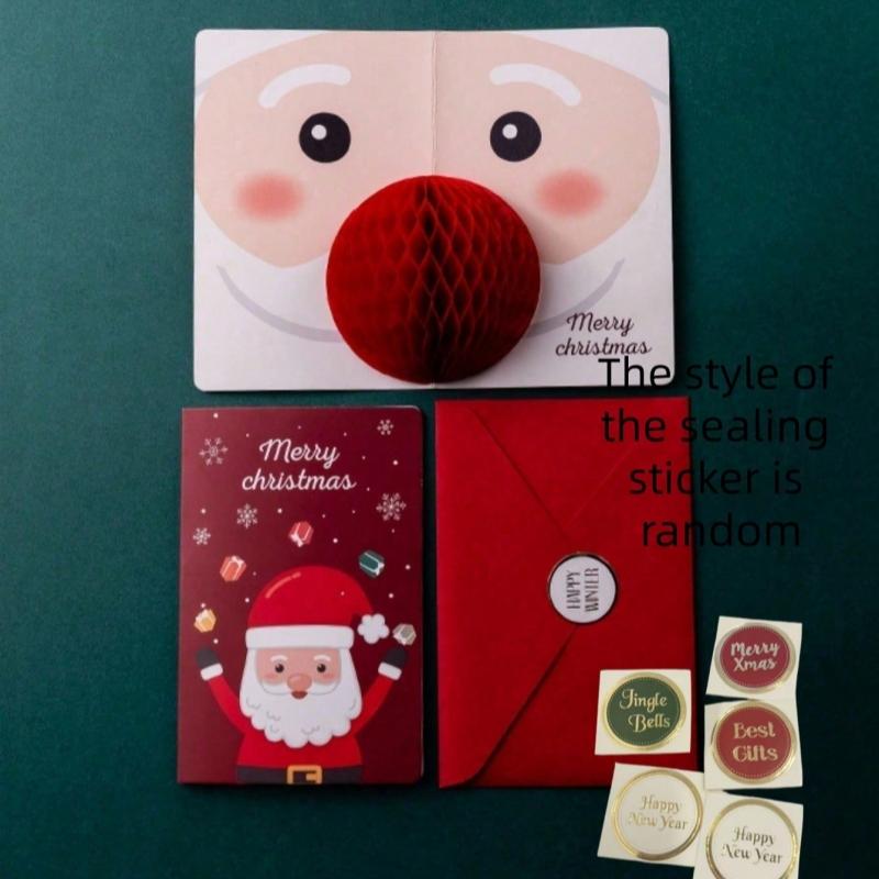 2 STÜCK/SET 3D Pop-Up Weihnachtskarten-Set mit Umschlag und Briefmarkenaufklebern - Weihnachtsmann Geburtstag Einfache Segenskarten Weihnachtskarten