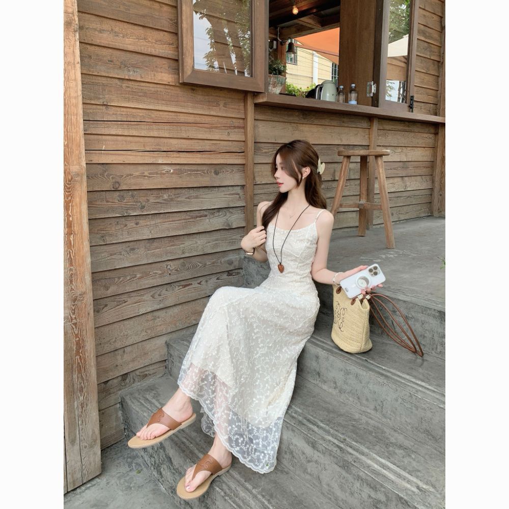 French Apricot Embroidered Lace Suspender Dress Women's Summer High-end Temperament First Love Seaside Vacation Beach Dress