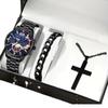 Watch Men'S Calendar Steel Strap Large Dial Simple Bracelet Cross Necklace Set