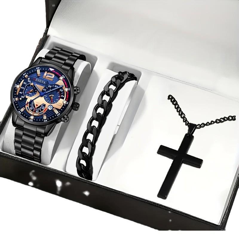 Watch Men'S Calendar Steel Strap Large Dial Simple Bracelet Cross Necklace Set