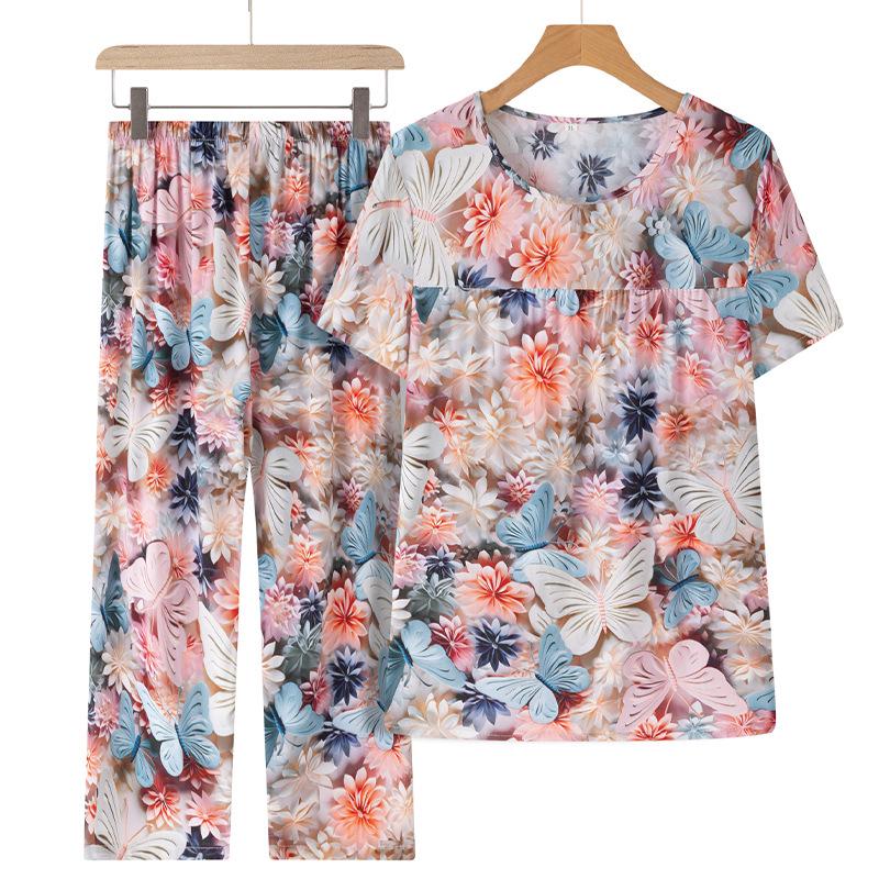 

Mom s Floral Summer Two-Piece Suit for Middle-Aged and Elderly Women – Lightweight Short-Sleeve Outfit XL (suggested 80-95 jin)