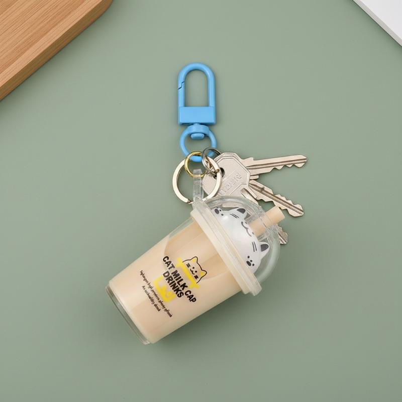 1/5Pcs Cat's Pearl Milk Tea Keychain Sand Bottles Car Key Chains Creative And Cute Milk Tea Cups Pendant Bag Decoration