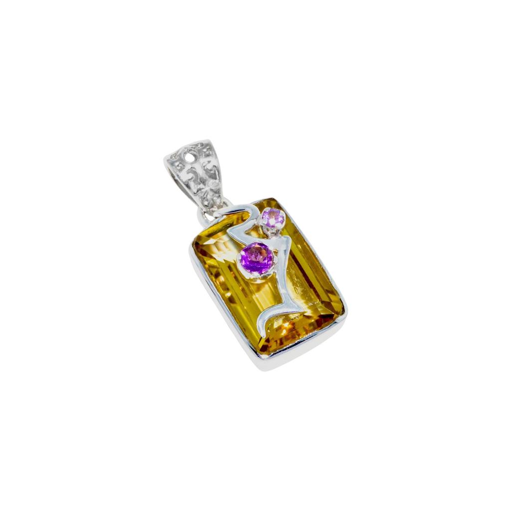 Lemon quartz & amethyst handmade pendant, 92.5% sterling silver pendant for her, women designer pendant
