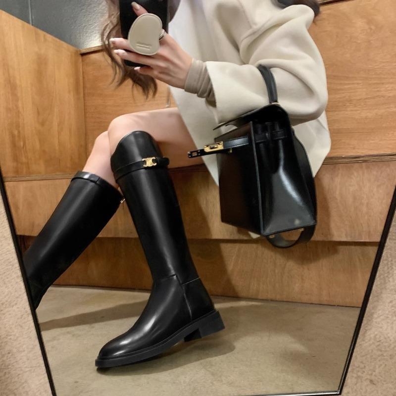 Cowhide Leather Slant Boots Buckle Thick Heel High Knight Boots Women's Boots