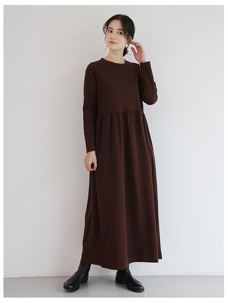 Korean Style Slim-Fit High Waist Round Neck Long Sleeve Midi Dress for Fall/Winter