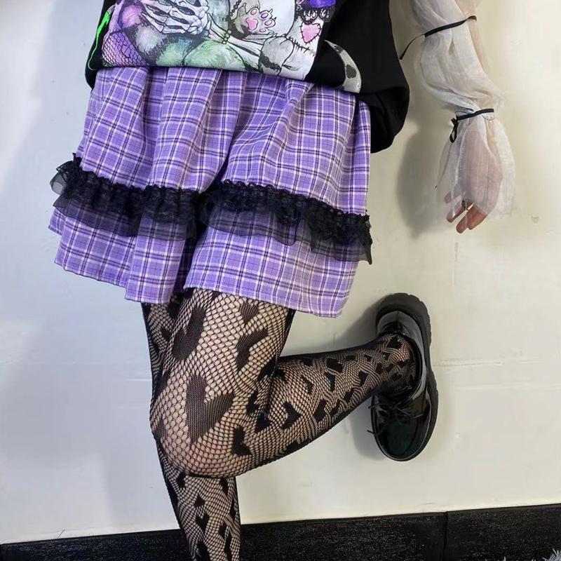 Kostkovaná sukně Harajuku Lolita Streetwear Hiphop A-Line Sexy minisukně Móda Krajková skládaná sukně s vysokým pasem pro dívky Y2K Style Club