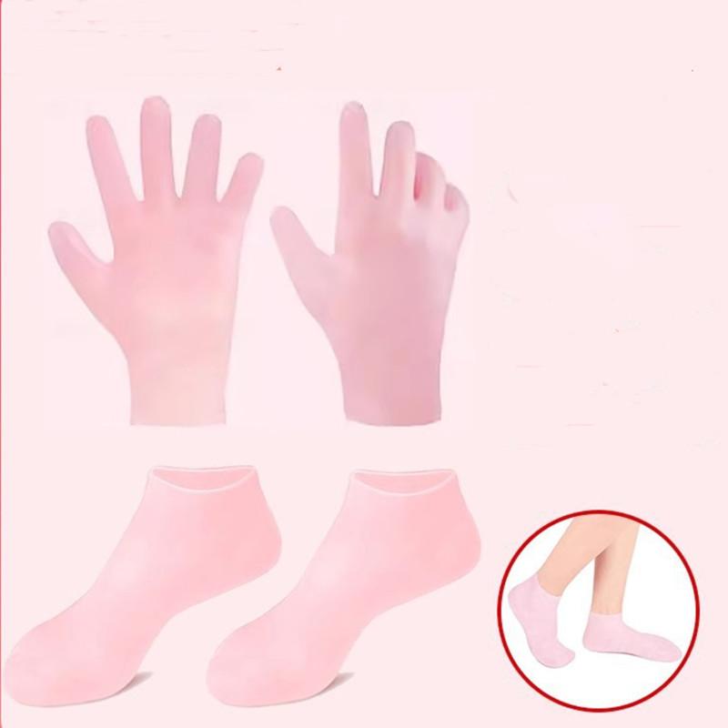 

2 пары силиконовых увлажняющих перчаток для рук, носки для ног для сухих потрескавшихся стоп, носки для ухода за ногами, спа-носки для педикюра, массажные увлажняющие гелевые перчатки розовый