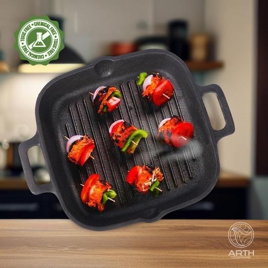 Arth The 10 Inch Pre-Seasoned Cast Iron Grill Pan, Natural Non-Stick, Raised Ridges | 100% Chemical and Toxic Free