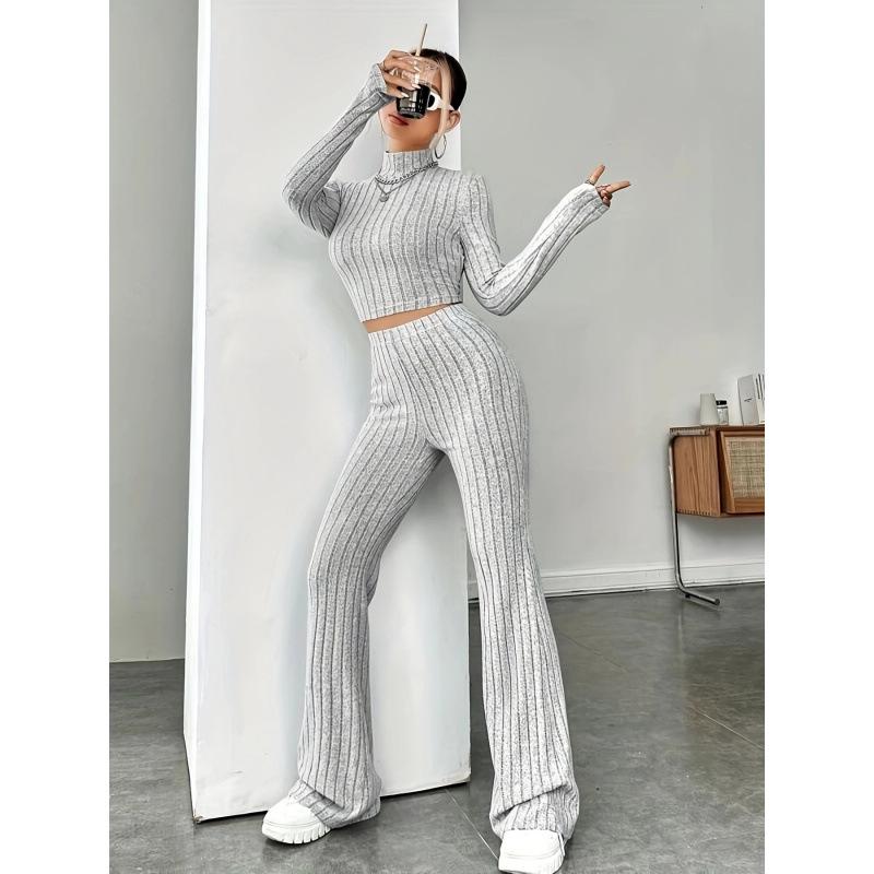 2025 Women's Solid Color Ribbed Knit Set: Long Sleeve Top and Base Shirt