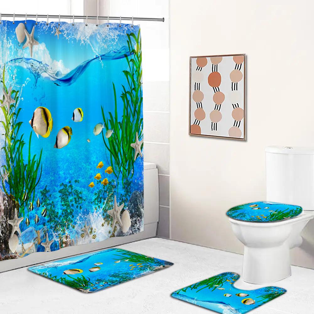Ocean Creature Fish Dolphin Printed Shower Curtain Set With Rugs Waterproof Bathroom Curtain Anti-Slip Toilet Carpet Home Decor