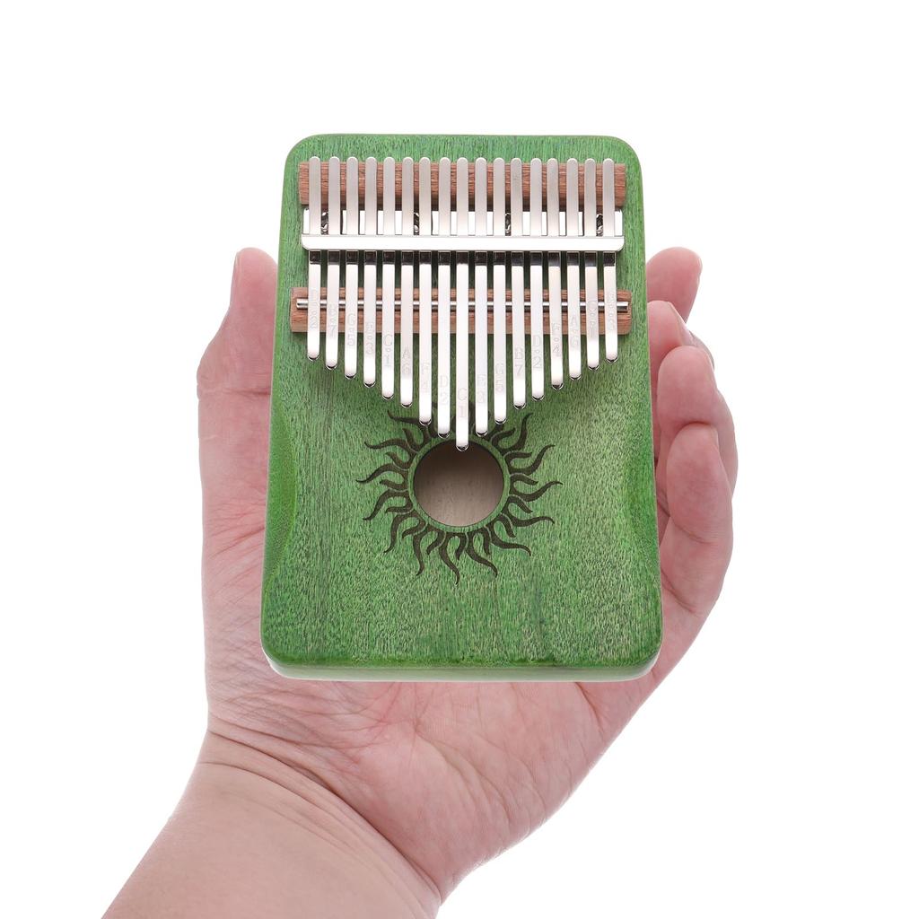 uxcell 17-Key Green Mini Portable Thumb Piano, Maple Wood with Sun Pattern, Protective Bag, Tuning Hammer, and Music Study Guide, Gift for Adults and