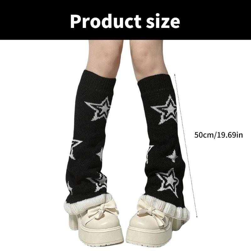 Punk Women Leg Warmers Japanese Aesthetic Star Pattern Flared Knitted Foot Cover Ruffle Trim Long Stockings Streetwear