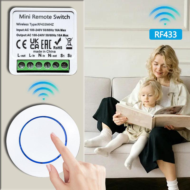 Wireless 433MHz Remote Control Switch Mini Round Button Panel Switch 16A Relay Receiver Module 100-240V LED Lamp DIY Home Auto