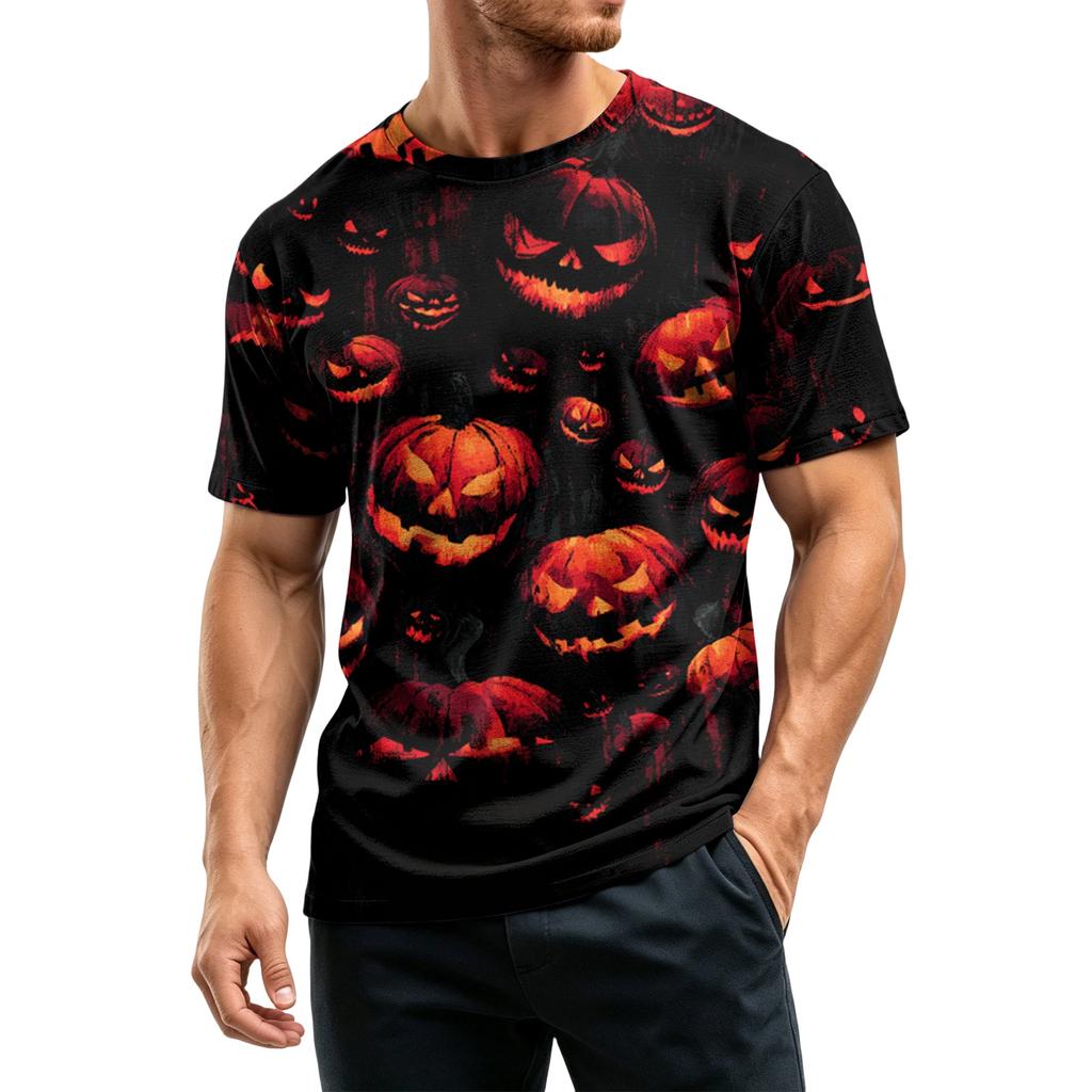 Men's Casual Short Sleeve T-Shirt Lightweight Breathable Fabric Crew Neck Halloween Pumpkin Pattern Printed Top