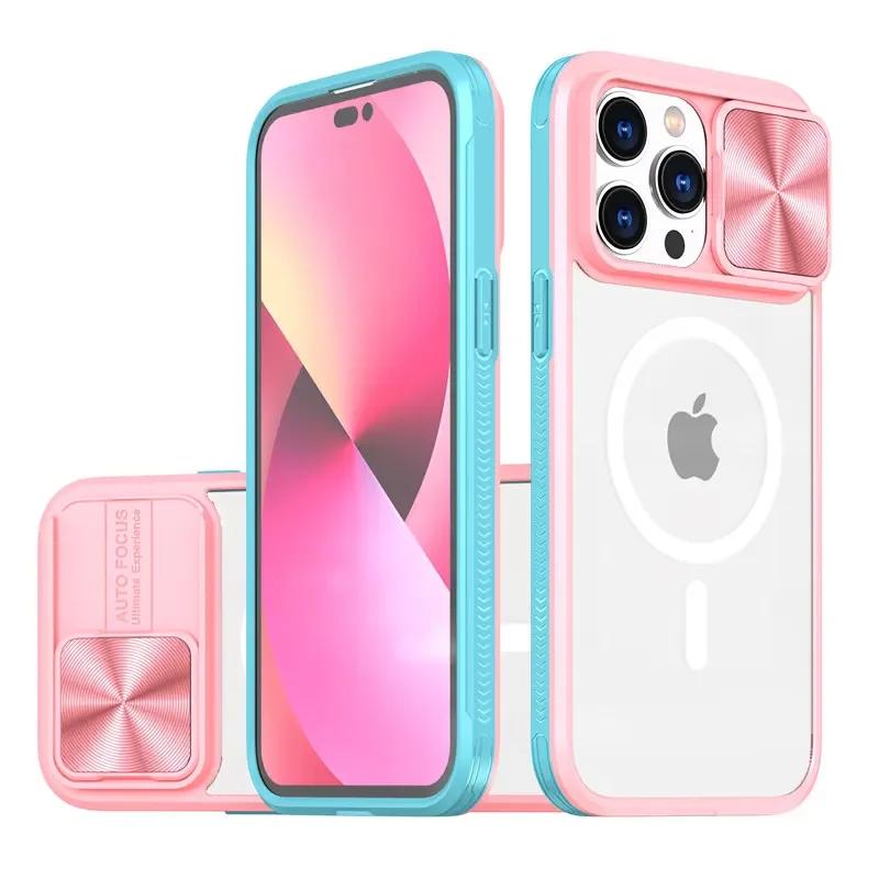 Slide Camera Lens Protector Armor Case For iPhone 15 13 14 Plus 11 12 Pro Max For Magsafe Shockproof Armor Bumpers Clear Cover