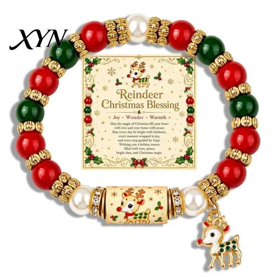 Seasonal Beaded Wristband Set Christmas Bracelet, Elastic Stretch Bracelet with Xmas Gifts for Sister Friend Tree Charm, Holiday Jewelry Women