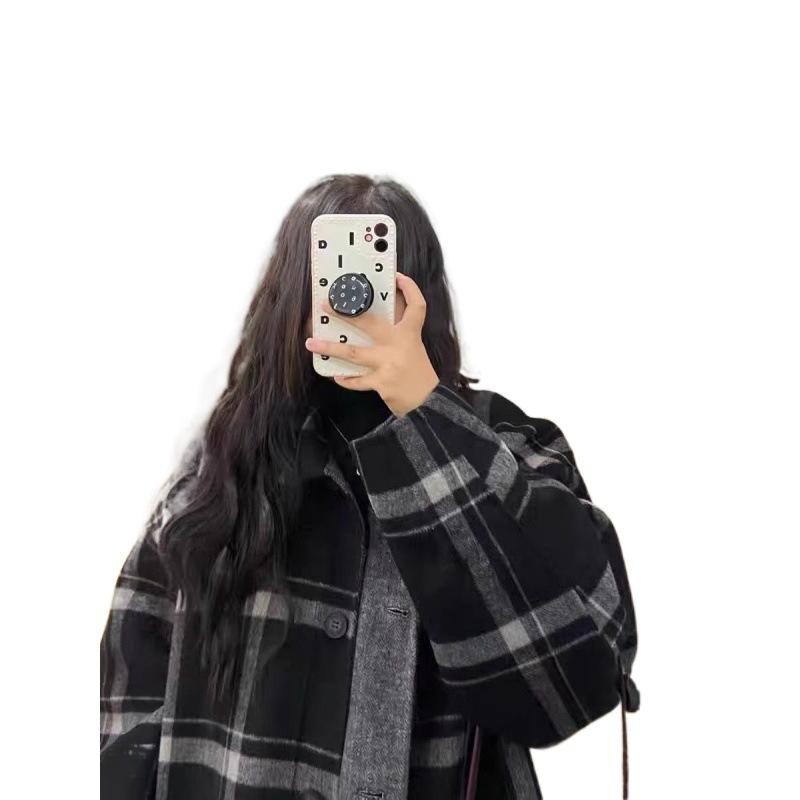 Plus Size Plaid Woolen Coat Women's Autumn and Winter Fat Loose Retro Elegant Woolen Coat Ins Trendy