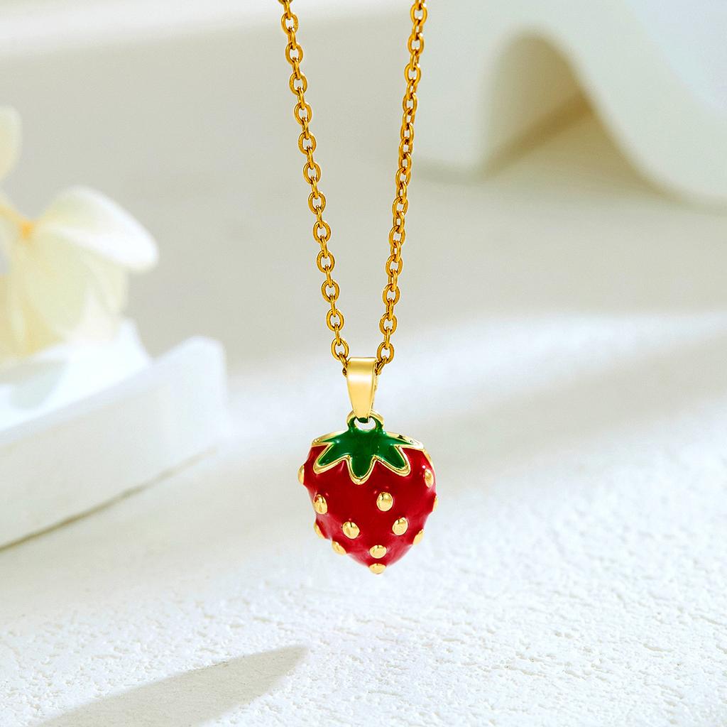 New Sweet and Cute Dripping Oil Strawberry Cherry Titanium Steel Necklace Female Simple Versatile Fruit Series Collarbone Chain