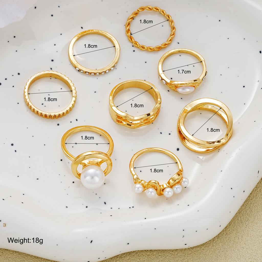 8Pcs/Set Gold Color Imitation Pearl Crystal Rings for Women Geometric Wave Cross Twisted Finger Ring Fashion Jewelry Accessories