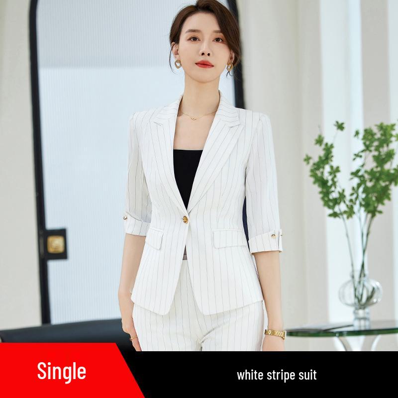 Women's White Striped Seven-Sleeve Suit Jacket - Professional Spring/Summer Fashion
