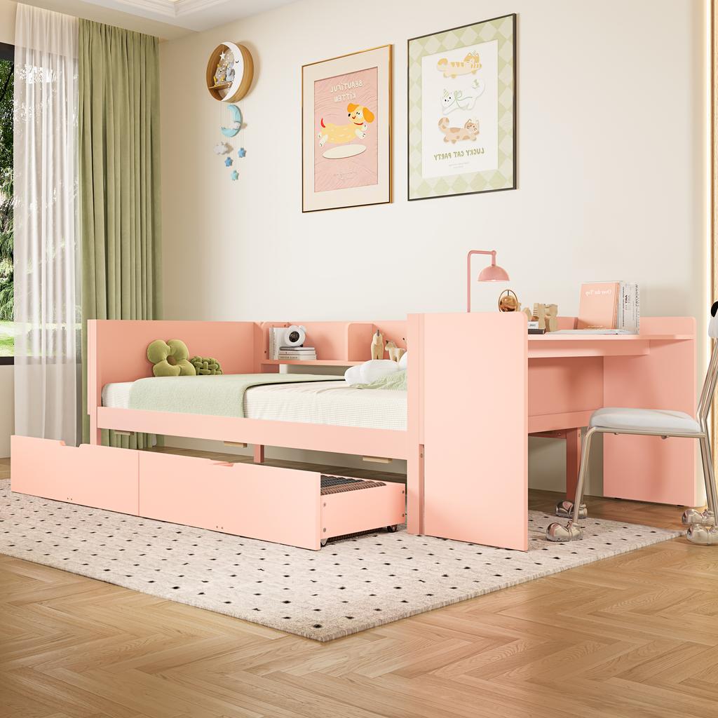 Letto Basso, Letto in Legno, 90x200cm, con Scrivania, Dotato di 2 Cassetti, Letto Singolo(Senza materasso), con Ripiani, Pino+Pannello Truciolare, Rosa