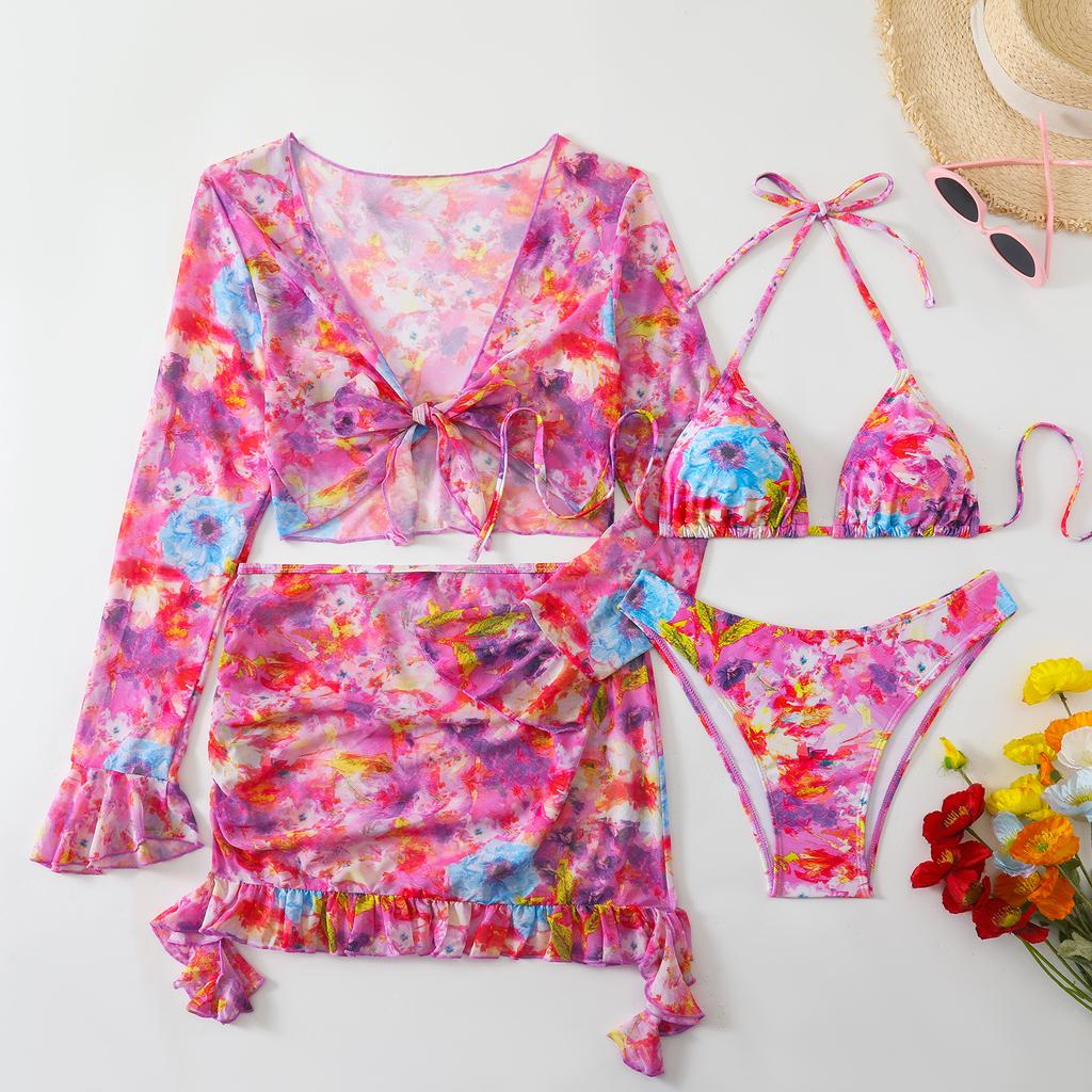 Swimsuit 1011 New European and American Fashion Printed Beach Dress Bikini Four-piece Swimsuit Women's