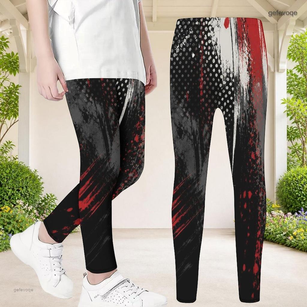 Girls Printed Full Length Fitted Yoga Leggings Black Red White Stretch Waist Pants