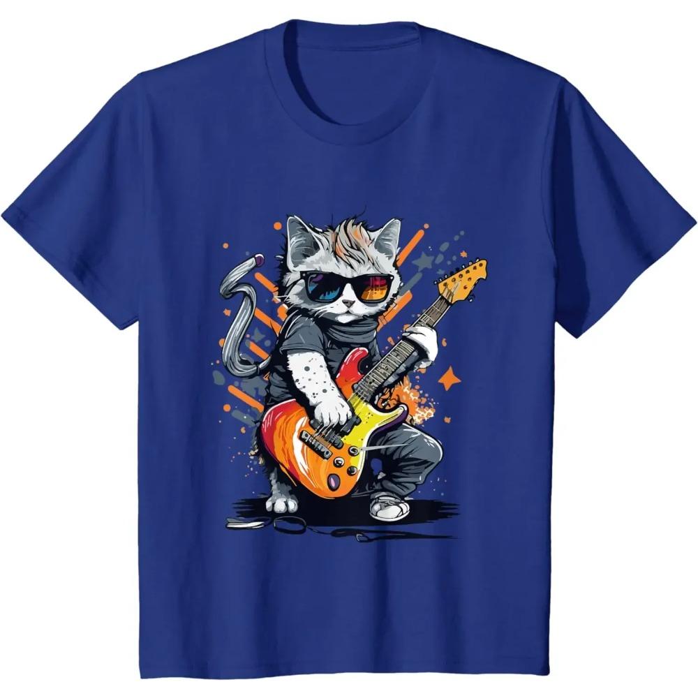 Rock Cat Playing Guitar Funny Guitar Cat T-Shirt for Men Women Kids Music Festival Clothes Graphic T Shirts  Print Casual