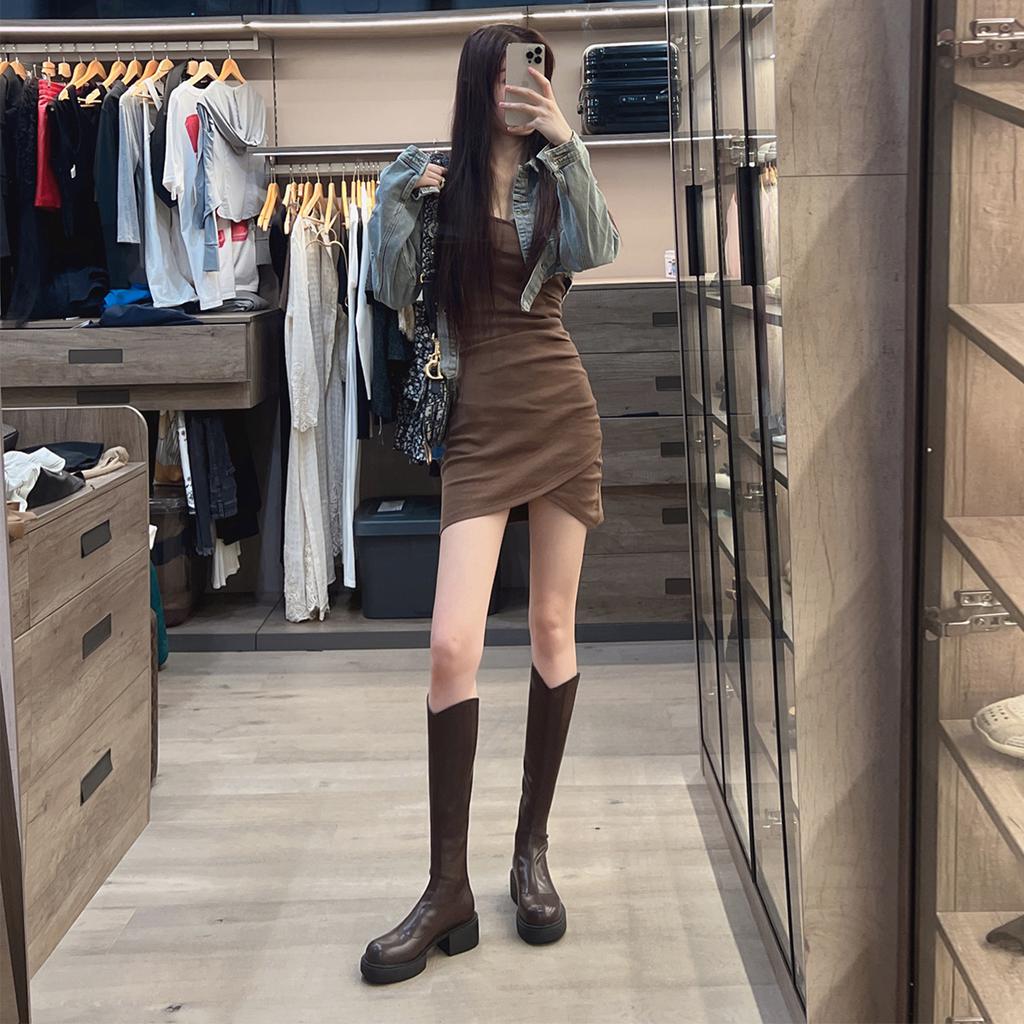 Coarse heel long tube western cowboy boots women's summer but knee long boots medium heel thick sole