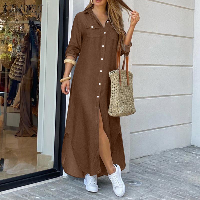 ZANZEA Women Casual Turn Down Collar Long Sleeve Vintage Long Shirt Dress