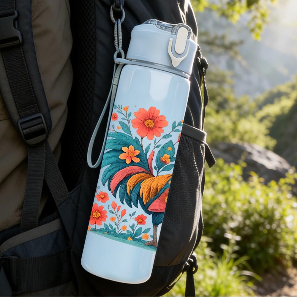 1PC Colorful Rooster Floral Pattern 750ml Color Plastic Sports Water Bottle Leakproof Flip Straw Lid Suitable for Sports Office Home Use