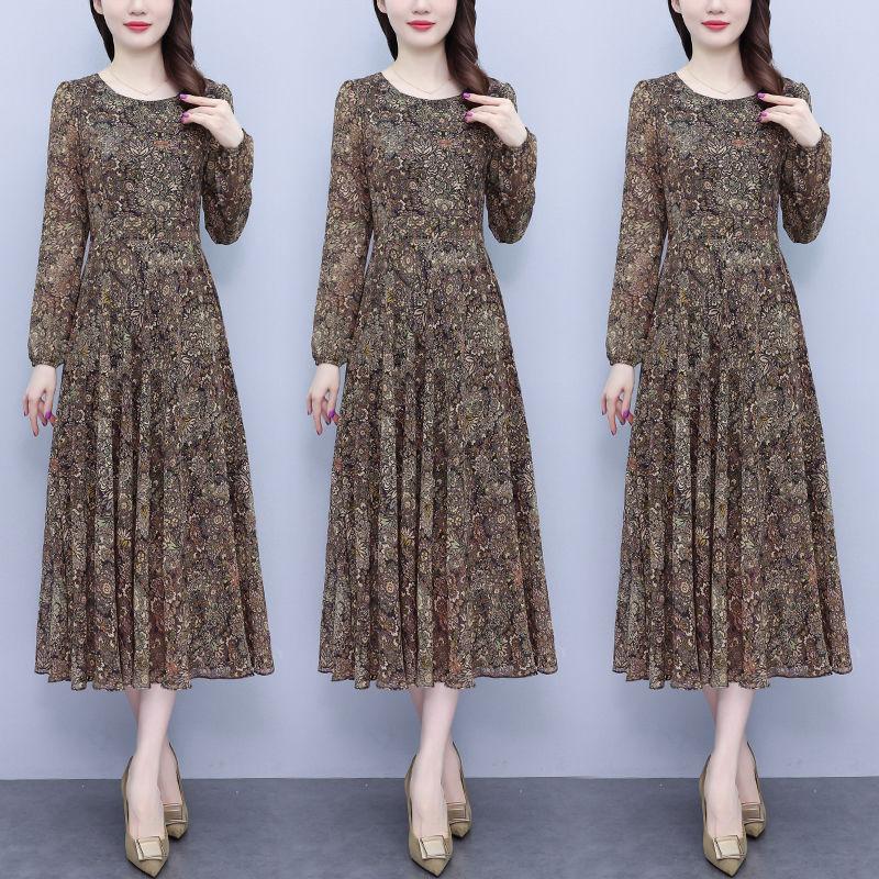 Zhigong 111g Pocket Autumn and Winter Long Sleeve Floral Middle-aged and Elderly Women's Clothing Mom Temperament Fashion Long Dress