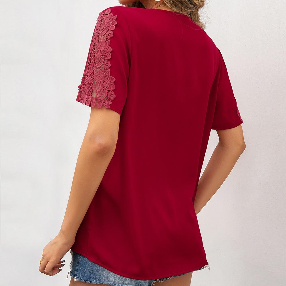 Women's Lace Hollow-Out Short Sleeve V-Neck T-Shirt, Casual Top