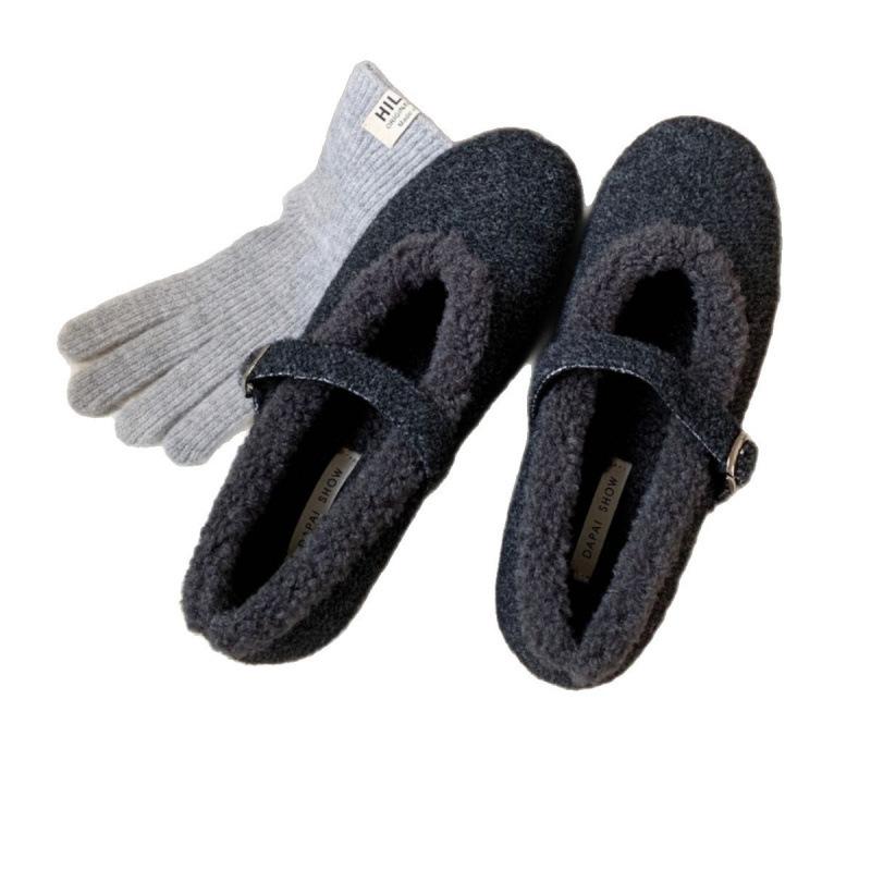 2025 Autumn and Winter Catwalk Model Flat Lamb Wool Mary Jane Ballet Shoes Sweet Cool Fairy Wind Fluff Shoes Female Warm