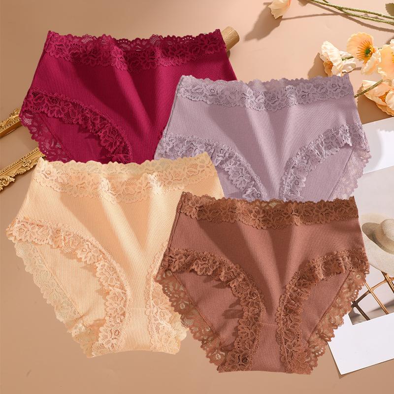 FINETOO 4PCS Sexy Lace Cotton Panties for Women Flroal Lace Seamless Briefs High Rise Lingerie Female Breathable Soft Underwear