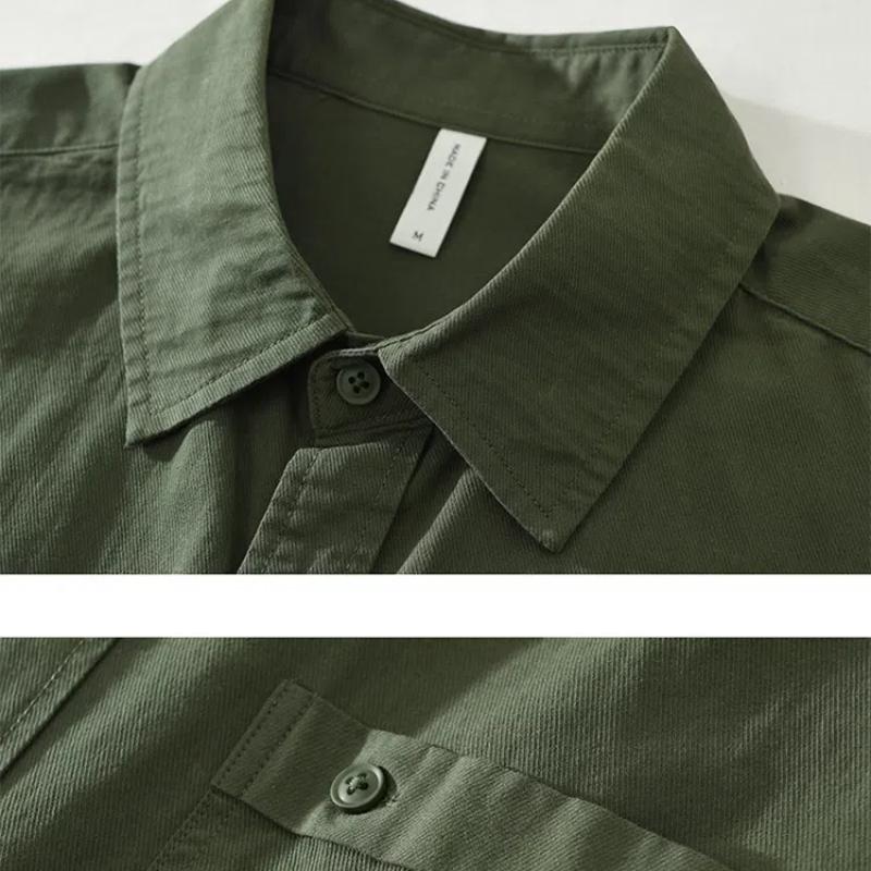 Frühling und Sommer 100 Baumwolle Langarm Herrenhemd Täglich Vielseitiges Freizeit-Oberteil Einfarbiges Hemd mit Tasche Schlichter Stil Herrenbekleidung