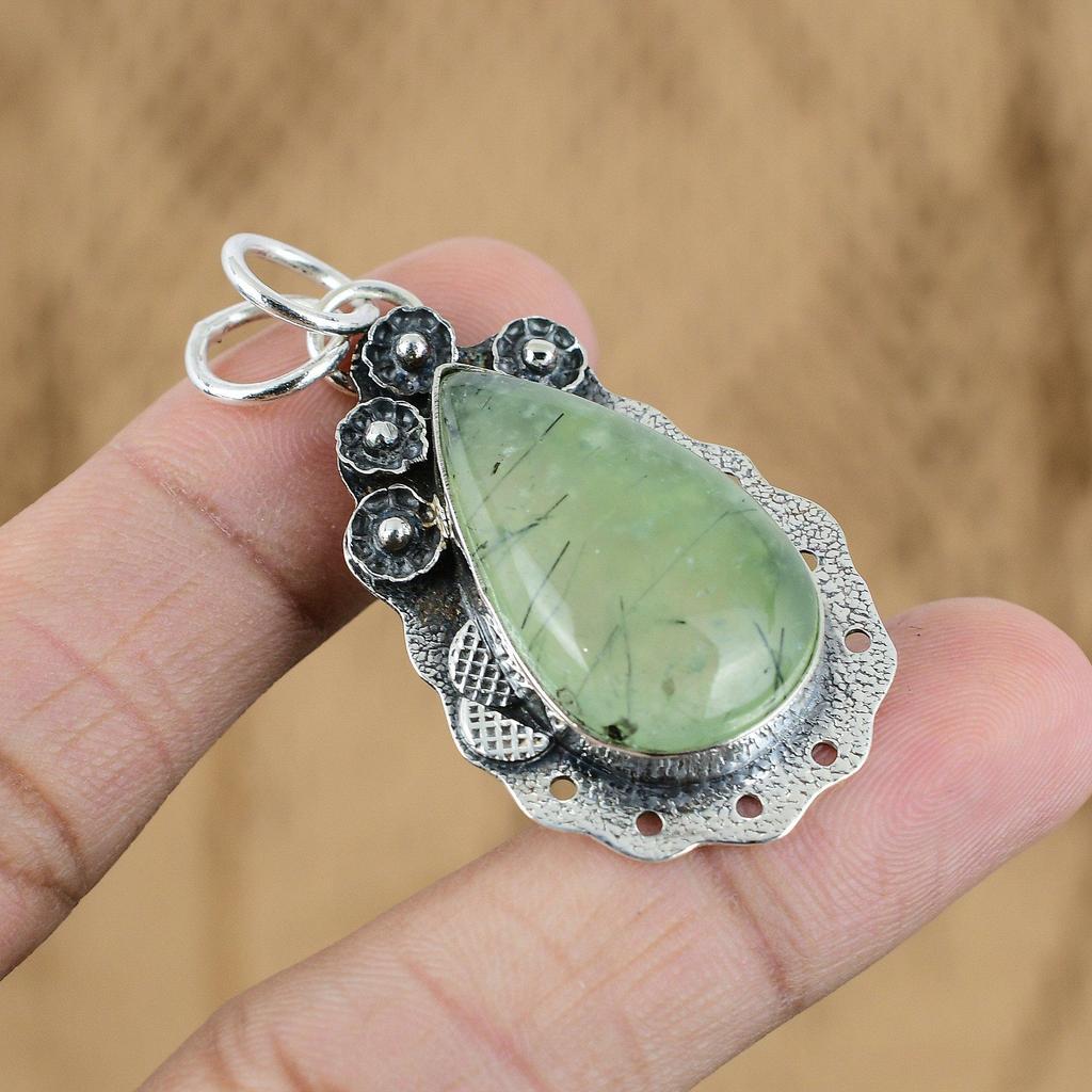 Easter Sale Pear Moss Prehnite Gemstone Sterling Silver Daughter Trendy Pendant