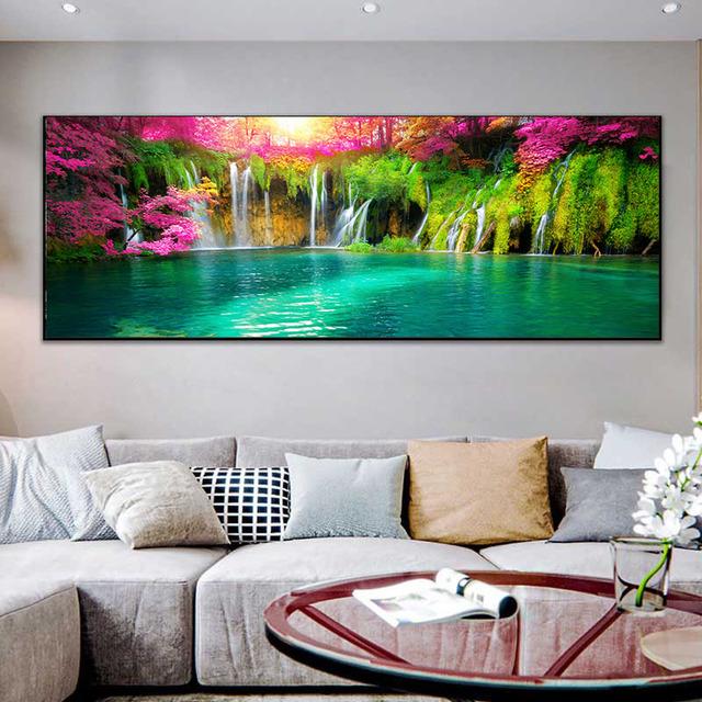 Krajina Přírodní Vodopád Obraz na plátně Zelený strom Jezerní list Plakáty a obrazy Nástěnný obraz Obývací pokoj Home Decor Bez rámu